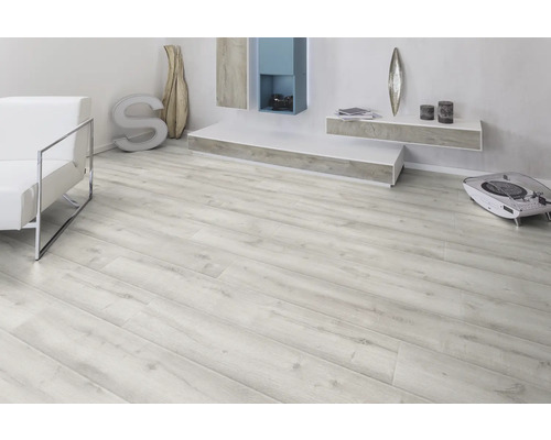 Heller Wohnraum mit Laminatboden, Sofa, Regal und Dekoration