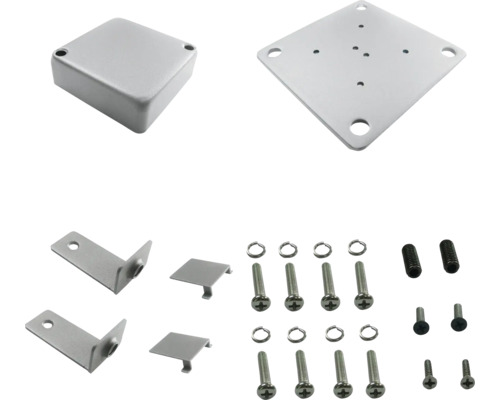 Montagezubehör für Domekamera, bestehend aus einer Anschlussdose, einer Montageplatte, Winkeln, Abdeckungen, Schrauben und Unterlegscheiben.