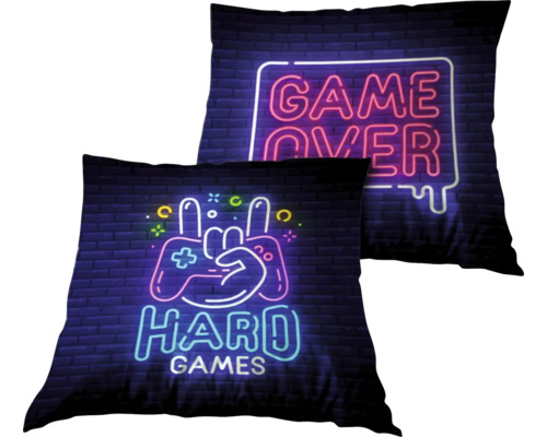 Kissen Game Over Hard Games blau pink 45x45 cm