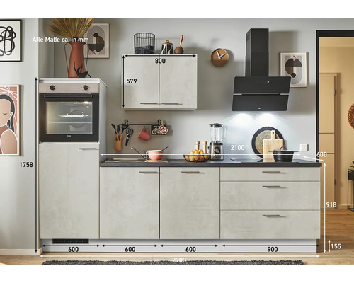 Küchenzeile mit Spüle, Herd, Dunstabzugshaube und Hängeschrank mit Maßangaben