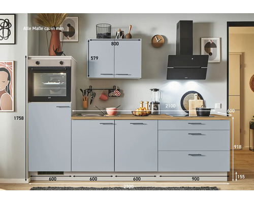 Komplette Küchenzeile mit Elektrogeräten und Maßen