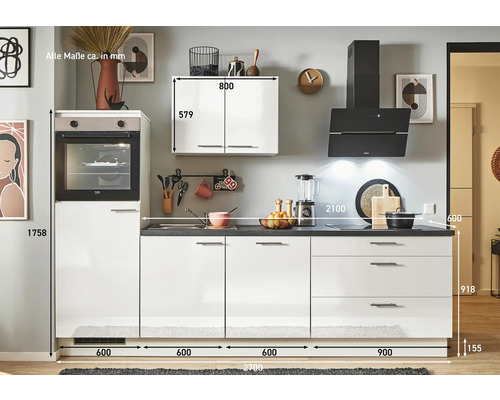 Küchenzeile mit Elektrogeräten und Maßangaben