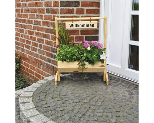 Blumentrog „Willkommen“ aus Holz 59 x 30 x 73 cm natur