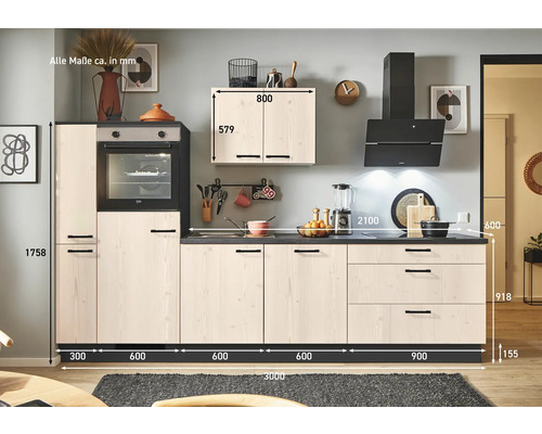 Küchenzeile mit Elektrogeräten und Maßen