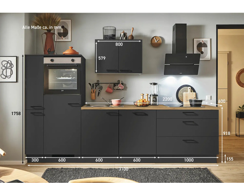 Moderne Küche in Grau mit Elektrogeräten und Holz Arbeitsplatte, mit Maßangaben