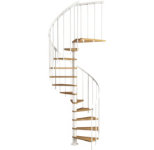 Wendeltreppe mit Holzstufen und weißem Geländer