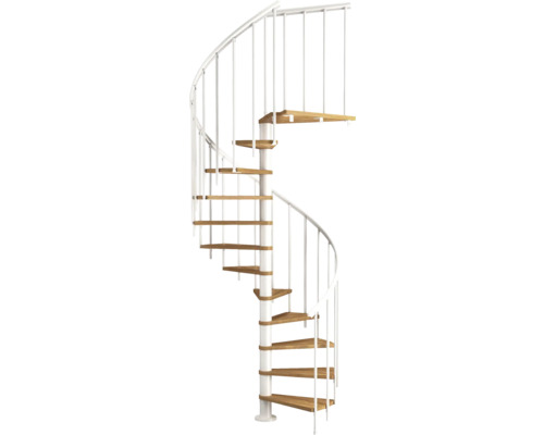 Wendeltreppe mit Holzstufen und weißem Geländer