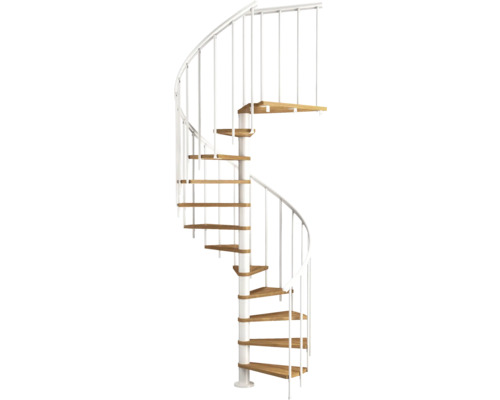 Pertura Spindeltreppe Cleon Eiche Multiplex Ø 140 cm Weiß 11 Stück Stufen 12 Steigungen Wendeltreppe mit Holzstufen und weißem Geländer