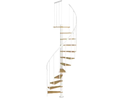 Wendeltreppe mit Holzstufen und weißem Geländer