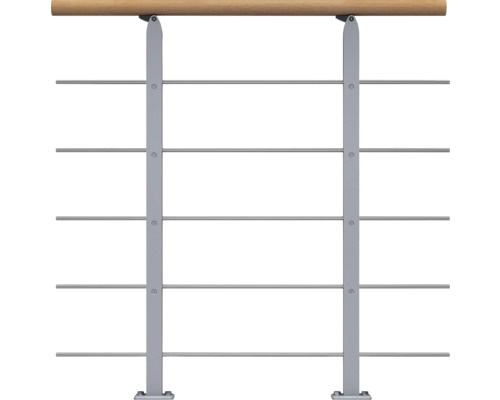 Pertura Design-Brüstungsgeländer für Mittelholmtreppen Alena,Aris,Malva,Zelos Erweiterungsset, Handlauf Buche, Geländer perlgrau, Füllstäbe mitlaufend Edelstahl Geländer aus Holz und Metall mit vier Querstreben