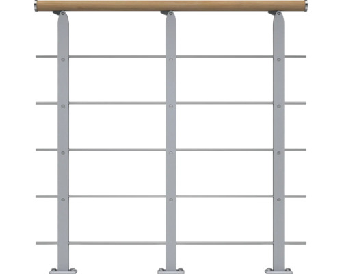Pertura Design-Brüstungsgeländer für Mittelholmtreppen Alena,Aris,Malva,Zelos Startset, Handlauf Eiche, Geländer perlgrau, Füllstäbe mitlaufend Edelstahl Geländer mit Holzhandlauf und Metallstäben