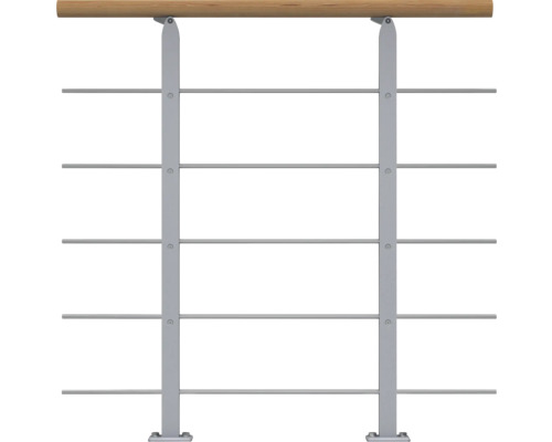 Pertura Design-Brüstungsgeländer für Mittelholmtreppen Alena,Aris,Malva,Zelos Erweiterungsset, Handlauf Eiche, Geländer perlgrau, Füllstäbe mitlaufend Edelstahl Geländer mit Holzhandlauf und Metallstäben