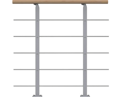Pertura Design-Brüstungsgeländer für Mittelholmtreppen Alena,Aris,Malva,Zelos Erweiterungsset, Handlauf Eiche weiß, Geländer perlgrau, Füllstäbe mitlaufend Edelstahl Geländer mit Holzhandlauf und Metallstreben