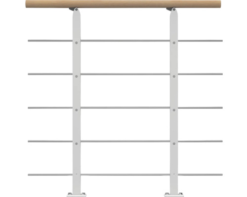 Pertura Design-Brüstungsgeländer für Mittelholmtreppen Alena,Aris,Malva,Zelos Erweiterungsset, Handlauf Buche, Geländer weiß, Füllstäbe mitlaufend Edelstahl Geländer mit Holzhandlauf und horizontalen Metallstäben