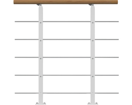 Pertura Design-Brüstungsgeländer für Mittelholmtreppen Alena,Aris,Malva,Zelos Erweiterungsset, Handlauf Eiche, Geländer weiß, Füllstäbe mitlaufend Edelstahl Geländer mit Holzhandlauf und Edelstahlseilen