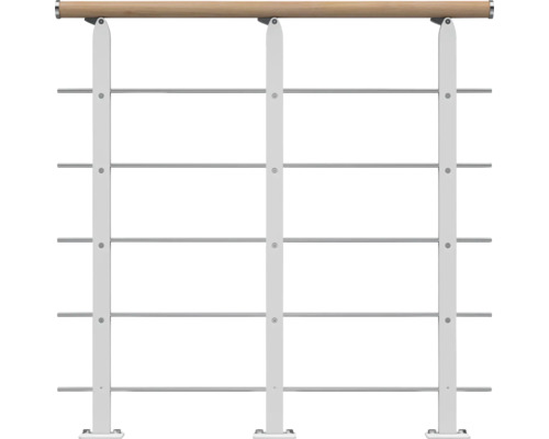 Pertura Design-Brüstungsgeländer für Mittelholmtreppen Alena,Aris,Malva,Zelos Startset, Handlauf Eiche weiß, Geländer weiß, Füllstäbe mitlaufend Edelstahl Geländer mit Holzhandlauf und Edelstahlseilen