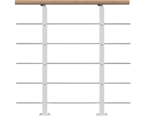 Pertura Design-Brüstungsgeländer für Mittelholmtreppen Alena,Aris,Malva,Zelos Erweiterungsset, Handlauf Eiche weiß, Geländer weiß, Füllstäbe mitlaufend Edelstahl Geländer mit Holzhandlauf und Metallstäben