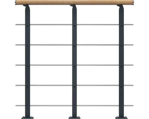 Pertura Design-Brüstungsgeländer für Mittelholmtreppen Alena,Aris,Malva,Zelos Startset, Handlauf Buche, Geländer anthrazit, Füllstäbe mitlaufend Edelstahl Geländer mit Holzhandlauf und Edelstahlseilen