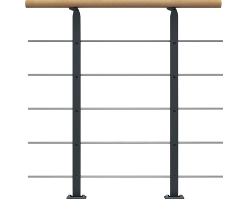 Pertura Design-Brüstungsgeländer für Mittelholmtreppen Alena,Aris,Malva,Zelos Erweiterungsset, Handlauf Buche, Geländer anthrazit, Füllstäbe mitlaufend Edelstahl Geländerkonstruktion mit Holzhandlauf und Metallstreben
