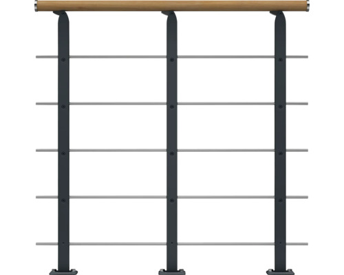 Pertura Design-Brüstungsgeländer für Mittelholmtreppen Alena,Aris,Malva,Zelos Startset, Handlauf Eiche, Geländer anthrazit, Füllstäbe mitlaufend Edelstahl Geländer mit Holzhandlauf und Edelstahlseilen