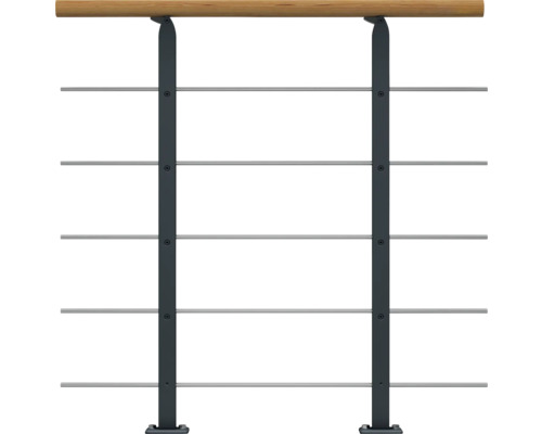 Pertura Design-Brüstungsgeländer für Mittelholmtreppen Alena,Aris,Malva,Zelos Erweiterungsset, Handlauf Eiche, Geländer anthrazit, Füllstäbe mitlaufend Edelstahl Geländer mit Holzhandlauf und Stahlseilen