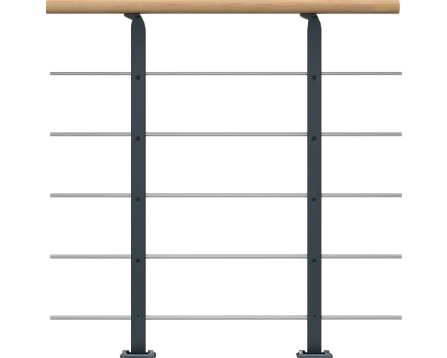 Pertura Design-Brüstungsgeländer für Mittelholmtreppen Alena,Aris,Malva,Zelos Erweiterungsset, Handlauf Eiche weiß, Geländer anthrazit, Füllstäbe mitlaufend Edelstahl Geländer mit Holzhandlauf und Edelstahlseilen
