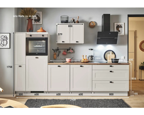 Küchenzeile mit Maßen in Millimeter.