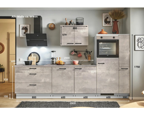 Einbauküche mit Elektrogeräten und Maßangaben