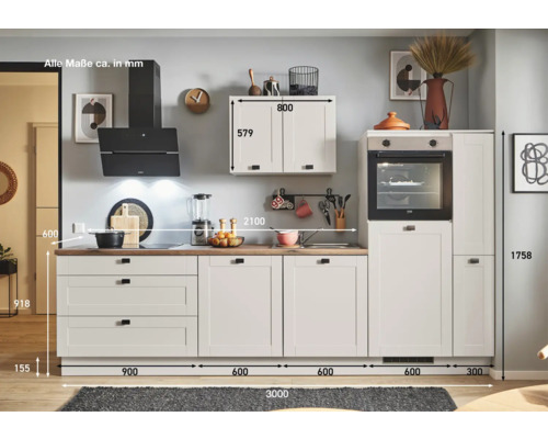 Küchenzeile mit Unterschränken, Hängeschrank, Dunstabzugshaube und Einbaubackofen mit Maßangaben