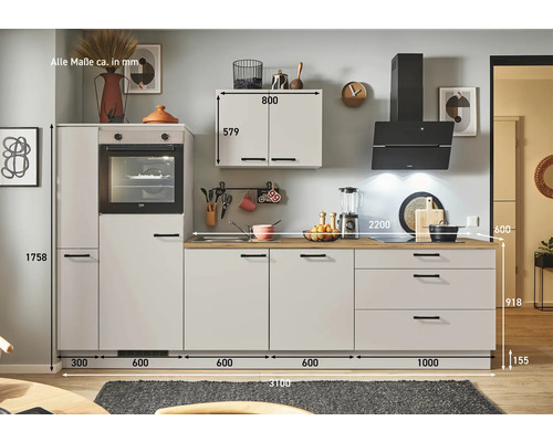 Küchenzeile mit Elektrogeräten und Maßen