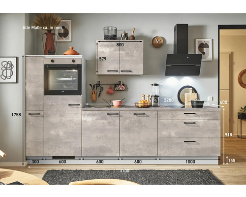 Komplette Küche mit Maßen, inklusive Unterschränke, Hängeschrank, Backofen und Dunstabzugshaube