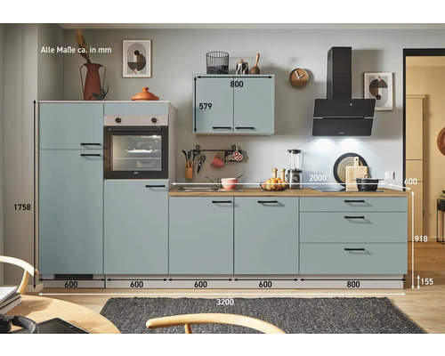 Küchenzeile mit Einbaubackofen, Hängeschrank und Dunstabzugshaube