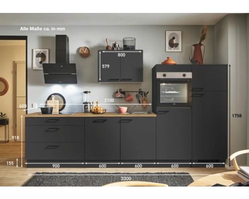 Komplette Küche mit Unterschränken, Oberschränken, Dunstabzugshaube und Ofen mit Maßangaben