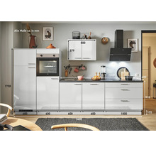 Moderne Küche mit Einbaubackofen, Dunstabzugshaube und weißen Fronten