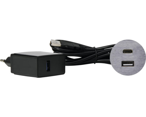 VersaPick USB Einbauset Alu rund 1xUSB-A / 1x USB-C Anschluss edelstahlfarben