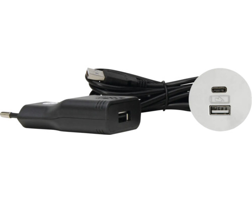 VersaPick USB Einbauset Alu rund 1xUSB-A / 1x USB-C Anschluss weiß/matt