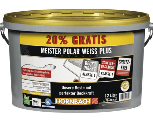 HORNBACH Wandfarbe Meister Polarweiss Plus weiß spritzfrei konservierungsmittelfrei 12 L