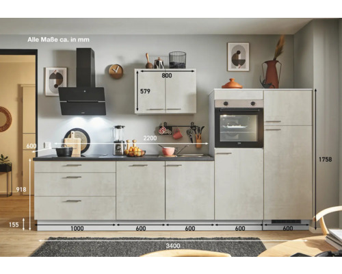 Komplette Küchenzeile mit Maßen.