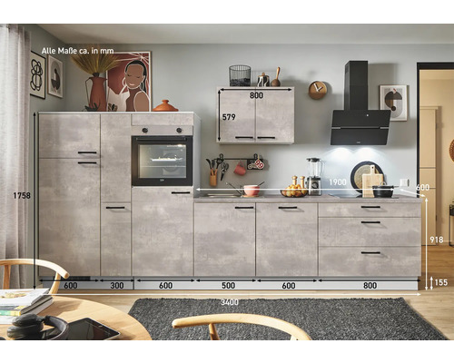 Küchenzeile mit Maßen und Elektrogeräten wie Backofen und Dunstabzugshaube.