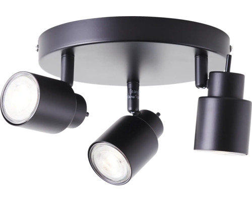 Schwarze Deckenleuchte mit drei Strahlern.