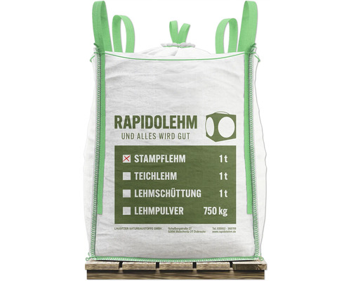 Rapido Big Bag Stampflehm erdfeucht 1 t Big Bag mit Lehmprodukten auf einer Palette
