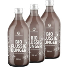 Drei Flaschen Bio Flüssigdünger mit Pflanzenkohle, 330 ml, zur Gartenpflege
