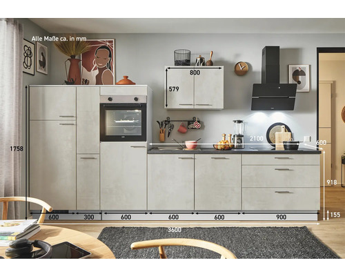 Küchenzeile mit Elektrogeräten und Maßen