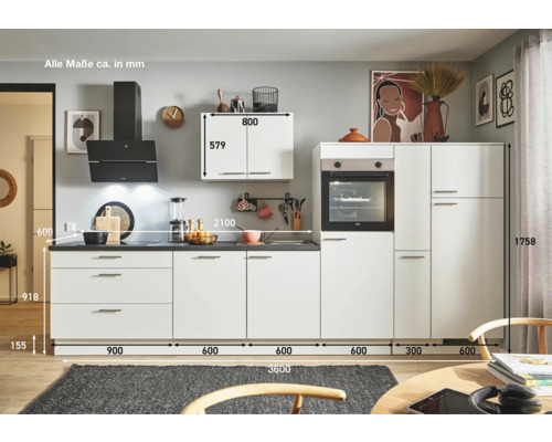 Einbauküche mit Elektrogeräten, weißen Fronten und dunkler Arbeitsplatte