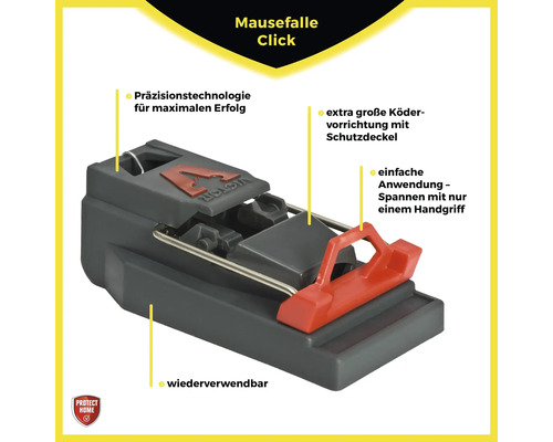 Mausefalle Protect Home Mausefallen Click Mäusefalle aus Kunststoff zur giftlosen Bekämpfung von Mäusebefall 3 Stück Click mouse trap with bait container and precision technology.