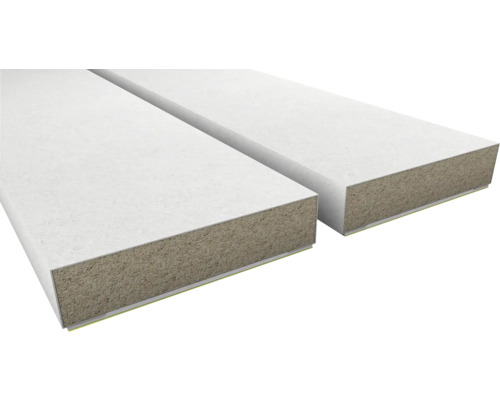 Selbstklebende Lamellen streichbar 2800 x 35 x 11 mm 4 Stück Zwei weiße Dämmplatten im Querschnitt