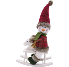 Schneemannfigur auf Schaukelpferd als Weihnachtsdekoration