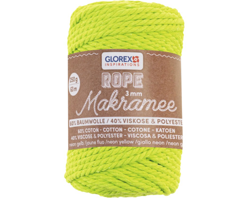 Makramee Rope 3 mm 250 g 63 m dreifädig gedreht neon gelb Makramee Garn, 3 mm, Neon Gelb