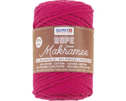 Makramee Rope 3 mm 250 g 63 m dreifädig gedreht neon pink Knäuel Makramee Garn, 3 Millimeter, 63 Meter