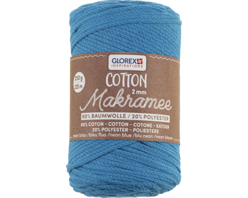 Makramee Cotton 2 mm 250 g 225 m gewebt neon blau Glorex Baumwoll Makramee Garn, 2 Millimeter dick